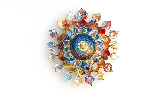 113. "The Hindu Krishna's Sudarshan Chakra in 3D, artistically rendered with vibrant colors and intricate designs, set against a clean white background.