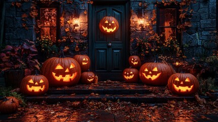 Lit jack-o-lanterns line the steps of a stone house, creating a spooky and festive Halloween atmosphere.