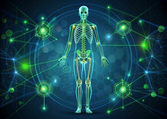 Skeletal system vector illustration medical anatomy Infographics illustration abstract concept design linear scientific educational technology illustration dark blue green hues