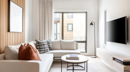 Small living room with hidden tech and convertible seating, entertainment-ready