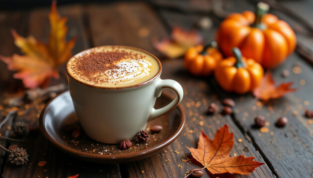a latte cup with autumn leaves and decorations on a wooden background