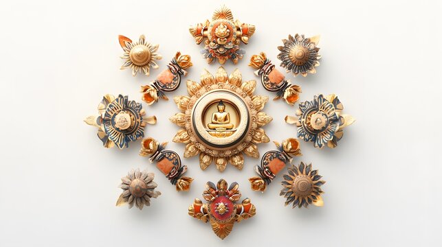 114. "A 3D depiction of the Buddhist Eight Auspicious Symbols, crafted with traditional textures and colors, isolated on a pristine white backdrop.
