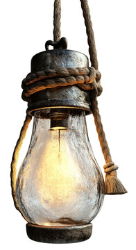 Rustic Lantern's Warm Glow: A vintage lantern with a burning bulb, suspended by weathered rope, exudes a cozy and nostalgic ambiance, isolated on transparent background. 