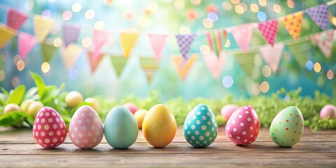 Soft focus background with colorful Easter eggs and decorative bunting