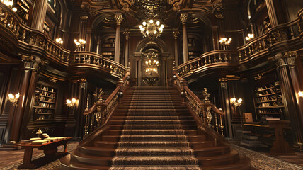a library scene with a grand staircase and ornate chandeliers
