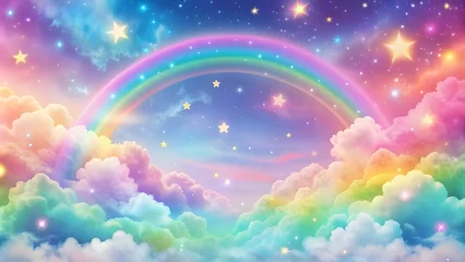 Wanddecoratie Regenboog Holographic fantasy rainbow background with clouds and stars. Pastel color sky.Cloudy sky background. Unicorn fantasy pastel galaxy. Rainbow cute wallpaper. Fluffy magic pink landscape  © designhunt