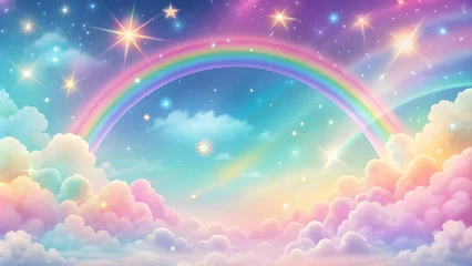Wanddecoratie Regenboog Holographic fantasy rainbow background with clouds and stars. Pastel color sky.Cloudy sky background. Unicorn fantasy pastel galaxy. Rainbow cute wallpaper. Fluffy magic pink landscape  © designhunt