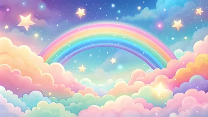 Wanddecoratie Regenboog Holographic fantasy rainbow background with clouds and stars. Pastel color sky.Cloudy sky background. Unicorn fantasy pastel galaxy. Rainbow cute wallpaper. Fluffy magic pink landscape  © designhunt