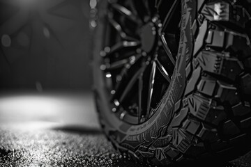 A close up of a black tire with a shiny, wet surface