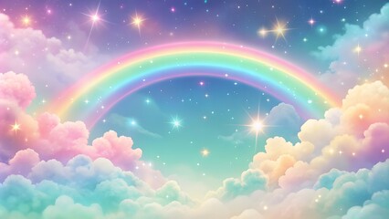 Holographic fantasy rainbow background with clouds and stars. Pastel color sky.Cloudy sky background. Unicorn fantasy pastel galaxy. Rainbow cute wallpaper. Fluffy magic pink landscape