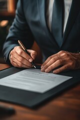 A man in a suit is signing a document with a pen