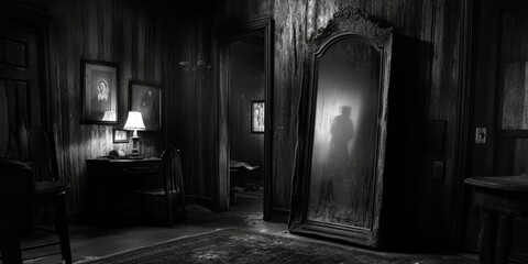 Dark room with a shadowy figure in a mirror.