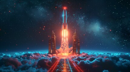 The concept of the metaverse and elements of the virtual world. Simulation of the world in virtual reality for future smartphones and digital devices. Rocket takes off from augmented reality portal. 