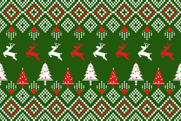 Seamless Christmas pattern with green and red Christmas trees,reindeer, perfect for festive decorations, vintage designs, and holiday-themed textiles,Traditional ethnic, geometric, ethnic,culture, 