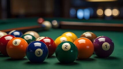 Closeup of colorful billiard balls. flat design illustration. generative ai