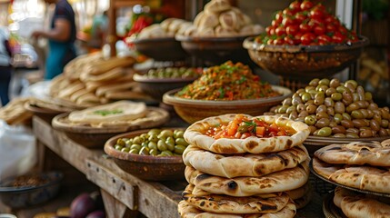 Fototapeta premium Bustling Middle Eastern Market Stall with Freshly Baked Pita and Assorted Appetizers