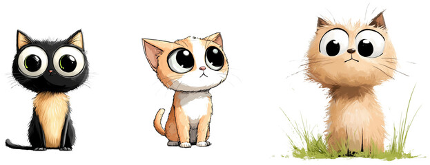 Fototapeta premium Adorable Trio: Three cute cartoon cats with big eyes, one black, one orange and white, and one orange. All are looking up, isolated on transparent background. 