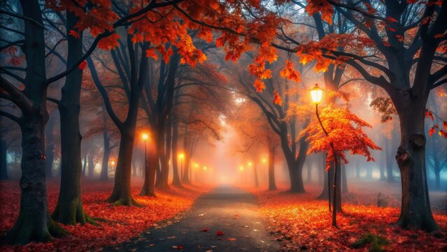 Spooky autumn nights spark with crimson orange hues highlighting velvet black leaves in eerie fog