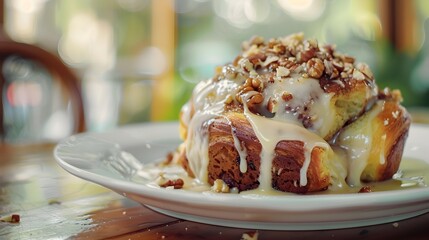 Decadent Cinnamon Roll with Gooey Icing and Chopped Nuts on a White Plate
