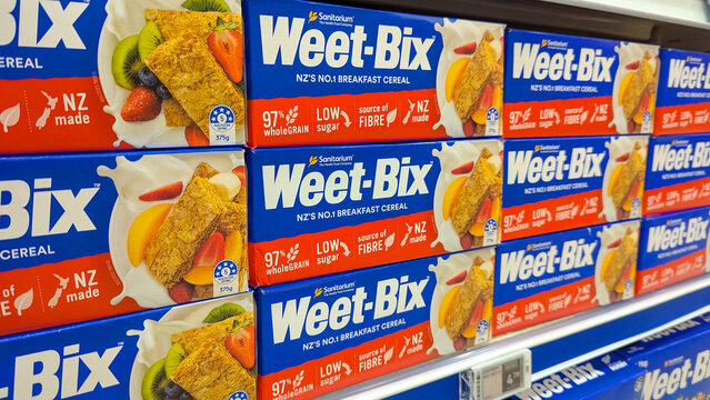 Weet-bix wholegrain wheat breakfast cereal made by Sanitarium Health Food Company on supermarket shelves in capital city of Wellington, New Zealand Aotearoa - taken on 3rd September 2024