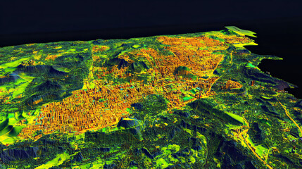 Fototapeta premium Technical aerial visual, 3D LiDAR GIS aerial map satellite scan model isolated, showing Ibadan, Nigeria . Elevation, topography, render