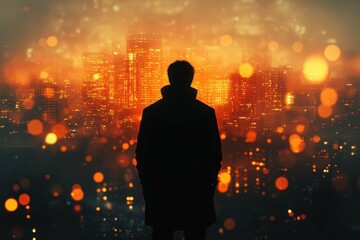 City Lights Photography. Silhouette of man standing overlooking city skyline at night with glowing lights and bokeh effects, ideal for urban lifestyle, technology, inspiration themes, or futuristic b