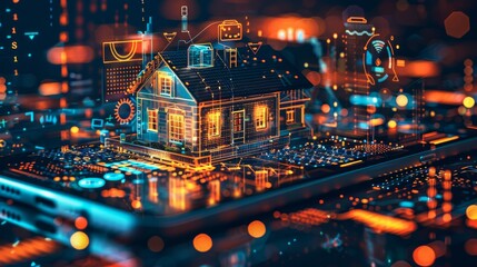 Obraz premium Smart home system develop. Internet of things. Engineering design digital infrastructure of house, configuration scripting of work smart devices.