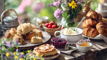 Cozy Caf Scene with Assorted Baked Goods Clotted Cream and Fresh Flowers on Rustic Wooden Table