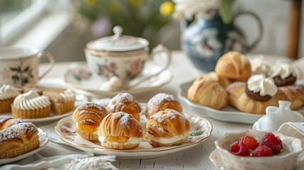 Serene Afternoon Tea Setup with Delicate Puff Pastries and Elegant China