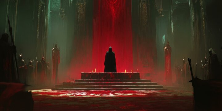 Dark figure stands on blood-soaked steps.