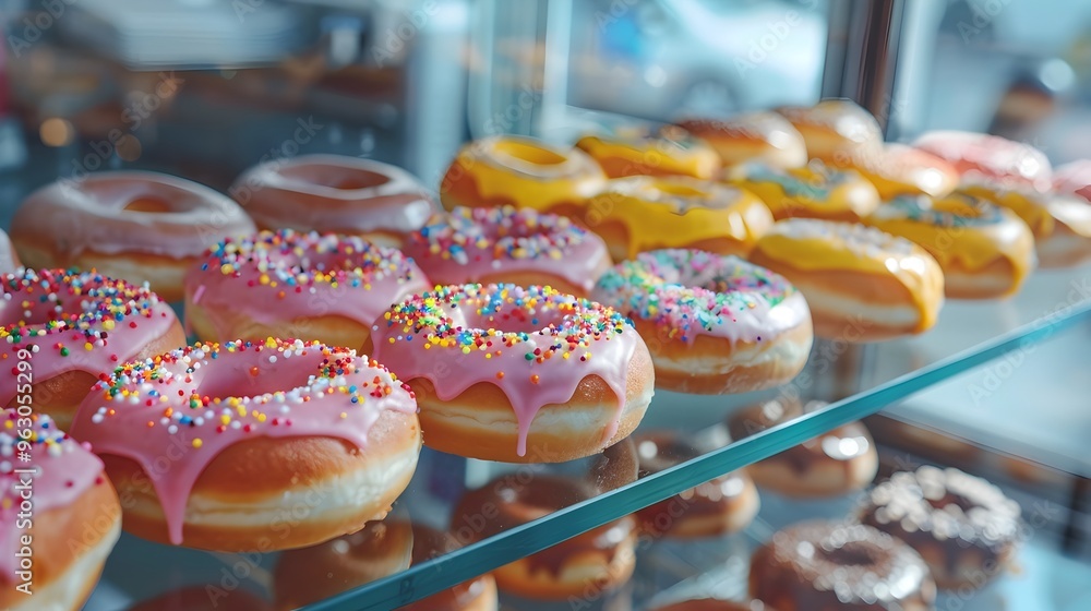 Poster rows of colorful glazed donuts displayed in a modern bakery counter