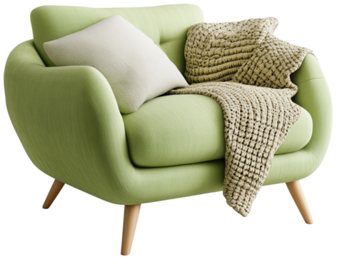 Rustic Log Sofa with Pillows & Blanket: A cozy and inviting log sofa with soft, natural linen pillows and a woven blanket, isolated on transparent background.