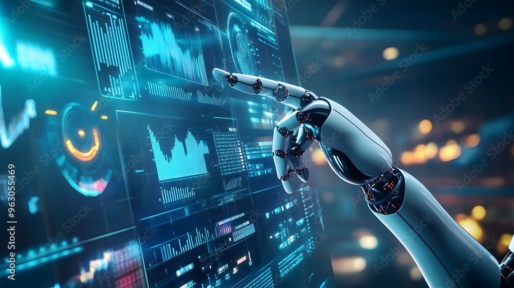 Poster robotic hand interacting with digital interface.
