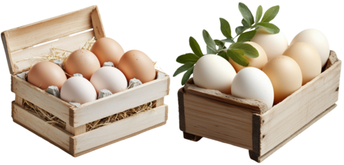 Fresh Farm Eggs in Rustic Crates: A delightful assortment of brown and white eggs nestled in wooden crates, ready for market or a wholesome breakfast, isolated on transparent background.