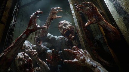 A group of zombies attacking a barricaded door, with their hands clawing and smashing against it