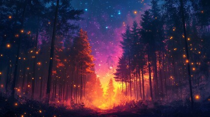 A magical forest path illuminated by fireflies under a starry night sky. .