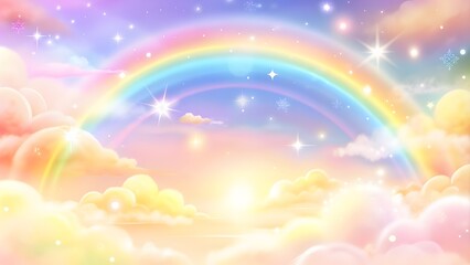 Holographic fantasy rainbow unicorn background with clouds.Pastel color sky. Magical landscape, abstract fabulous pattern. whimsical atmosphere, soft gradients, ethereal light, fantasy landscape