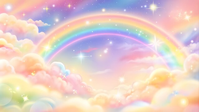 Fototapeta Holographic fantasy rainbow unicorn background with clouds.Pastel color sky. Magical landscape, abstract fabulous pattern. whimsical atmosphere, soft gradients, ethereal light, fantasy landscape