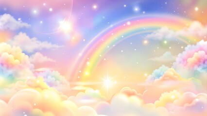 Holographic fantasy rainbow unicorn background with clouds.Pastel color sky. Magical landscape, abstract fabulous pattern. whimsical atmosphere, soft gradients, ethereal light, fantasy landscape