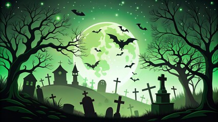 Spooky Kooky Graveyard Vector Scene Silly Mood Whimsical Black Green Color Illustration Concept