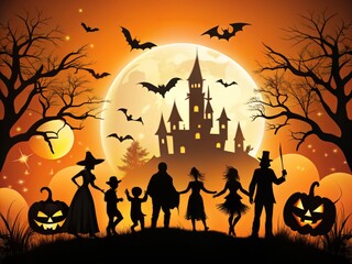 Spooky silhouette characters in Halloween settings with ornate details and intricate designs
