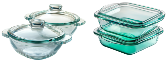 Crystal Clear Convenience: A set of glass food storage containers, isolated on transparent background, showcasing their practicality and sleek design.