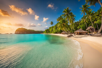 Naklejka premium Idyllic Shores: A Tropical Island Paradise Framed by Palm Trees, beach