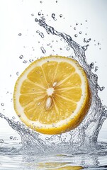 A lemon slice splashing into water, creating a dynamic and refreshing image.