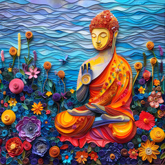 The paper quilling of Buddha is super derailed and very colorful