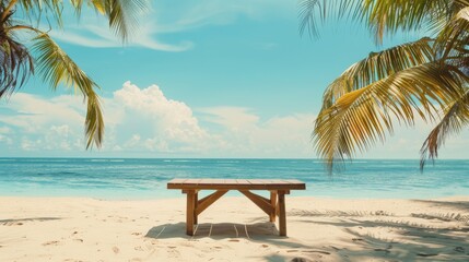 Obraz premium Tropical beach scene with empty table for product display. Summer vacation concept.