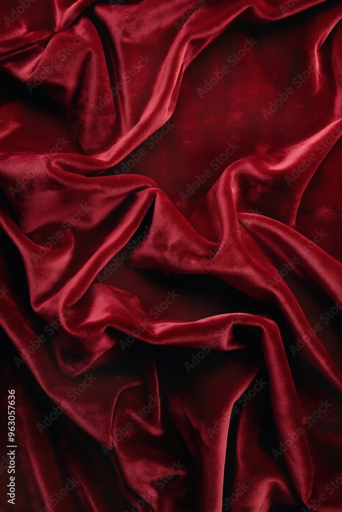 Poster close-up of vibrant red fabric with slight curl, possibly velvet or silk. fabric occupies most frame