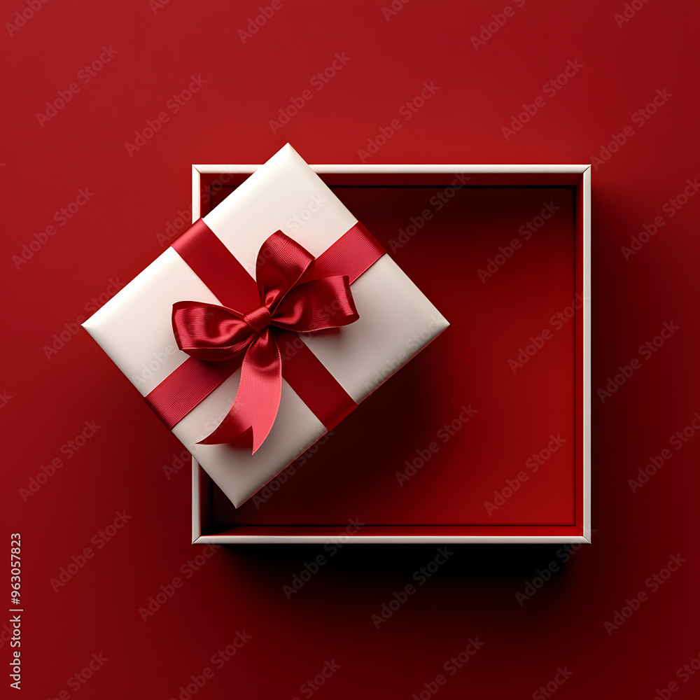 Poster blank white gift box open or top view of white present box tied with red ribbon bow isolated on dark