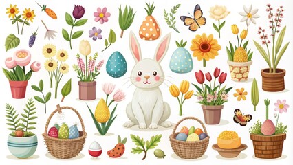 Spring Florals Vector Elements with Easter Bunny and Garden Decor