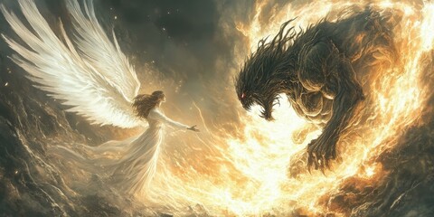 Angel and beast facing off in flames.